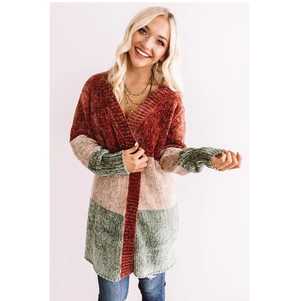 Entro Color Block Chenille Cardigan Sweater Size Small NWT Soft Cozy Fall Layeri